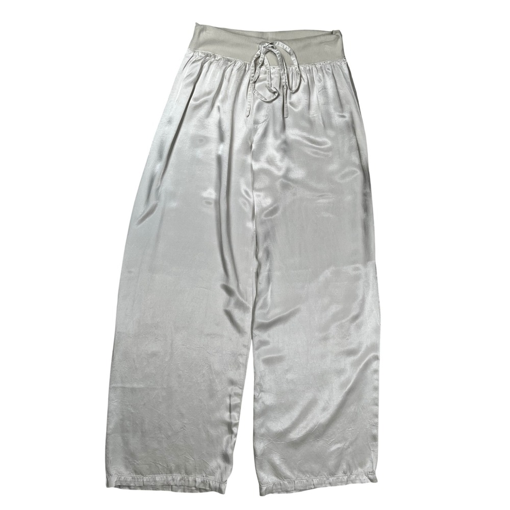 PJ Harlow Jolie Lounge Pants Women Small Champagne Satin Wide Leg Ribbed Waist